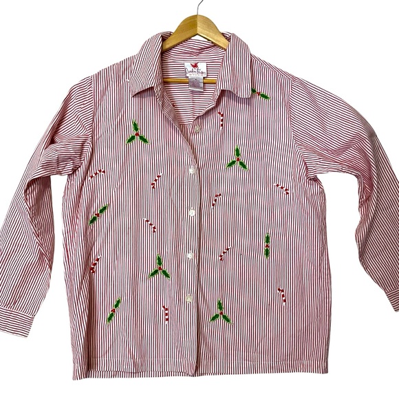 QUACKER FACTORY sz X Large Blouse Button Front Christmas Pinstripe Candy Canes - Picture 1 of 7